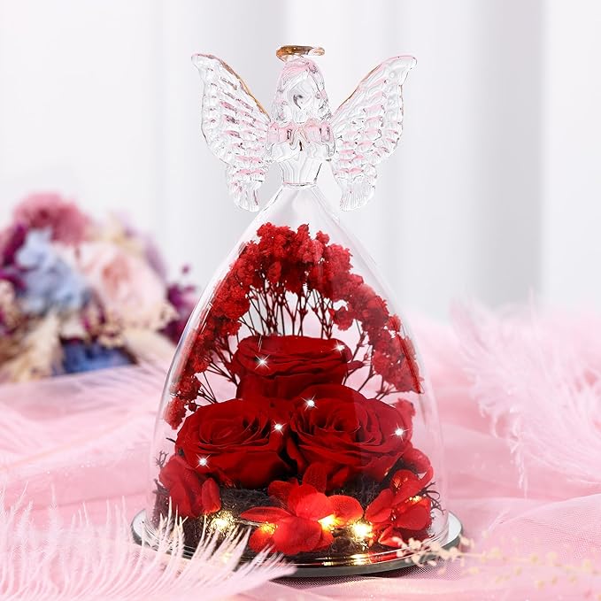 Christmas Rose Gifts for Women Preserved Real Flower in Glass Angel Figurines Roses for Delivery Prime Birthday Gifts for Mom Grandma Girlfriend Wife Her, Crystal Red