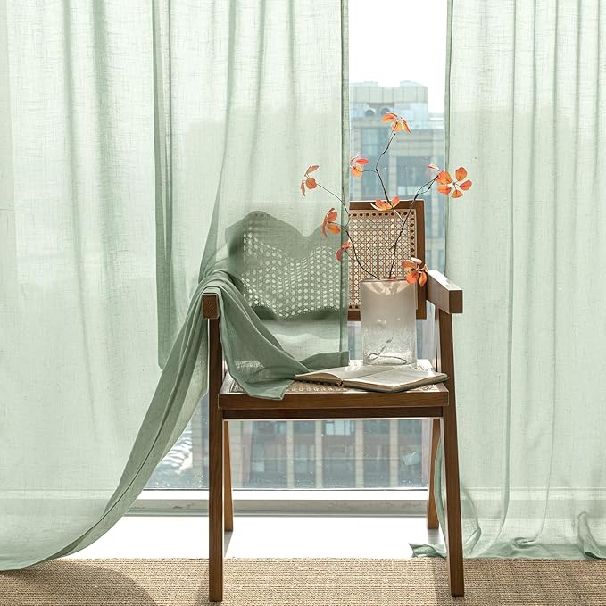ANRODUO Sage Green Linen Curtains 84 Inch Length 2 Panels for Living Room Light Filtering Semi Sheer Back Tab Curtain Drapes for Bedroom Neutral Farmhouse Decor 84 Inches Long Light Green Colored