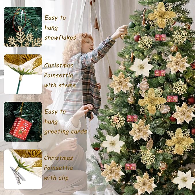 59PCS Gold Christmas Tree Decorations Set, Artificial Christmas Picks, Christmas Tree Filler, Ornaments, Artificial Poinsettia Flowers for Holiday Party Table Xmas Tree Decor