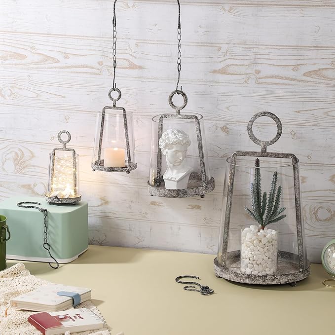 4" Wide Modern Farmhouse Metal Hurricane Candle Holder with Handmade Sturdy Glass Sleeve in Rustic Black for 2" Pillar Candle & Plants, Glass Hurricane Lantern, Industrial, Minimalistic