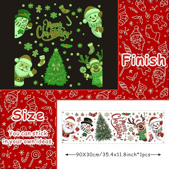 Merry Christmas Luminous Window Clings,Winter Snowflake Luminous Stickers,Xmas Wall Decals,Santa Snowman Reindeer Christmas Tree Stickers,Red Green Xmas Window Clings for Home Room School