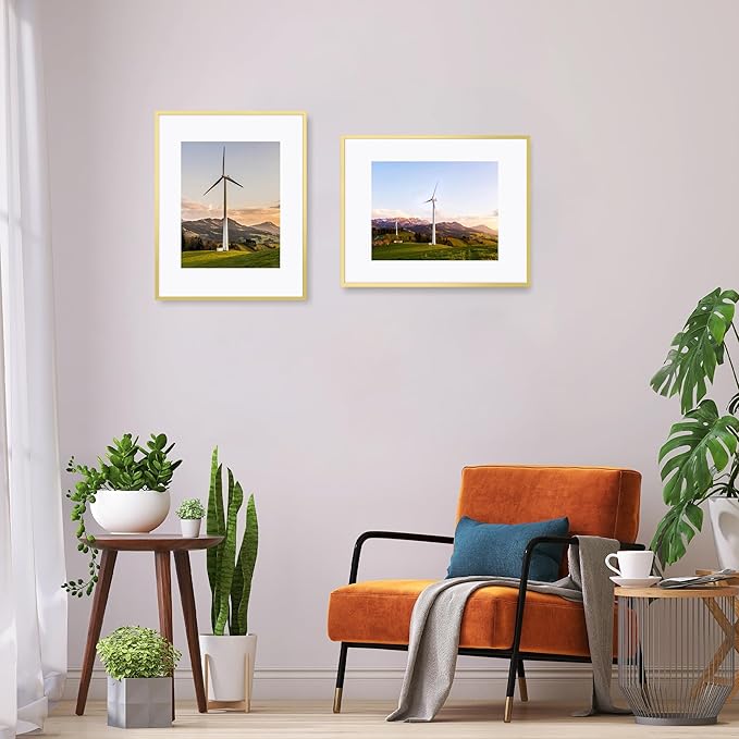 16x20 Metal Frames Set of 2, 16 x 20 Aluminum Photo Frames with 11x14 Mat - Sawtooth Hangers, Spring Clips for Wall Mounting Horizontal and Vertical(Gold)