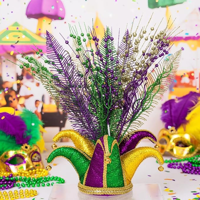 18 Pcs Mardi Gras Glitter Tree Picks Purple Gold Green Centerpiece Table Decor 17.7 Inch Mardi Gras Tree Topper Decor Branches Ornaments Carnival Decoration(Novelty)
