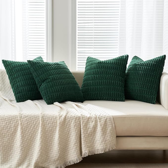 MIULEE Pack of 4 Christmas Dark Green Corduroy Decorative Throw Pillow Covers 18x18 Inch Soft Boho Striped Pillow Covers Modern Farmhouse Home Decor for Sofa Living Room Couch Bed