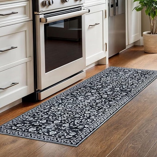 Vintage Washable Runner Rug 2x6, Black White Runners for hallways, Super Soft Kitchen Runner Rug Non Slip, Printed Faux Wool Floral Thin Carpet Runner for Entryway Laundry Room Bedroom