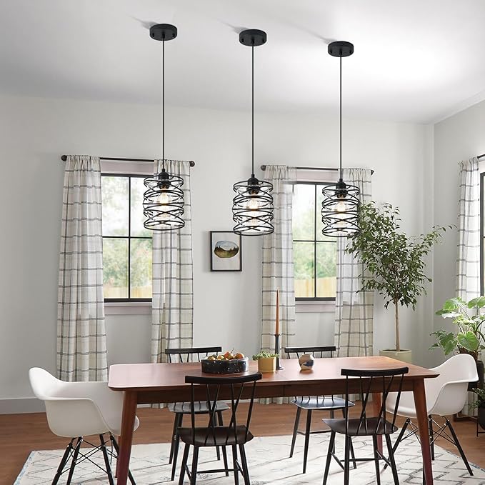 1-Pack Pendant Light Fixtures 6.3Inch Black Spiral Kitchen Island Light Modern Metal Cage Handblown Seeded Glass Ceiling Hanging Light Adjustable Cord for Dining Room Foyer Hallway, E26