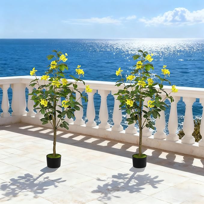 2-Pack 4FT Artificial Jasmine Tree,Realistic Potted Fake Plants with Flowers&Planter,Indoor/Outdoor Faux Flowering Trees for Home,Office,Porch,Wedding,and Housewarming Gift Decor