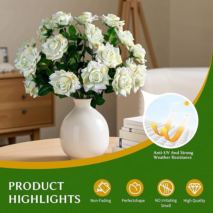 Artificial Flowers Artificial Roses Fake Roses 23.2In Long Stem Artificial Flowers for Tall Vase Silk Rose Suitable for Indoor Decor Wedding Party Decoration DIY Bouquet Spring 20PCS (Green)
