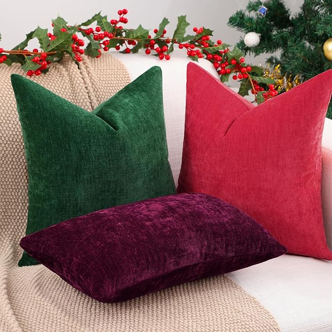 decorUhome Chenille Christmas Red Throw Pillow Covers 18x18 Inch Set of 2, Decorative Soft Couch Pillow Covers Solid Dyed Accent Farmhouse Neutral Square Pillow Cases for Sofa Bed Living Room