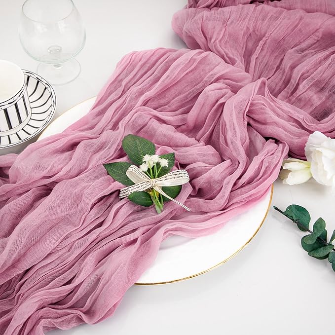 JOYIT 1 Pack Pink Cheesecloth Table Runner 35" x 120" – Boho Table Runner Set for Wedding, Birthday, and Party Decor, Romantic Gauze Table Runner for Rustic and Elegant Tablescapes (Pink)