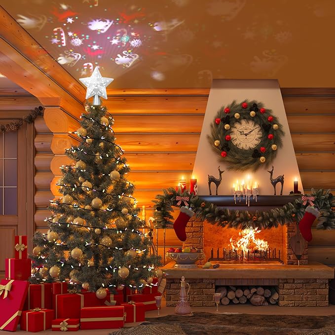 Christmas Tree Topper, Christmas Star Tree Topper Built-in LED Rotating Lights, Plug in 3D Sliver Glittered Star Tree Topper for Xmas Party Holiday Decorations