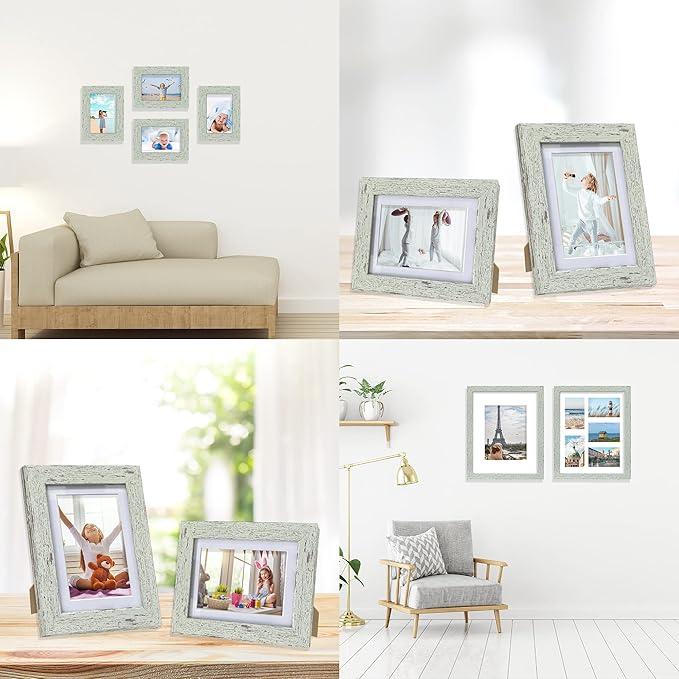 4x6 Picture Frame Set of 2, Made of Real Glass and Sage Green Wooden Frame - Display Pictures 3.5x5 with Mat or 4x6 Without Mat, 4 by 6 Photo Frame for Wall or Tabletop Display