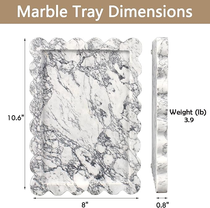 Genuine Scalloped Marble Tray, Real Natural Marble Stone Tray, Luxury Decorative Trays for Bathroom, Dresser, Vanity, Kitchen, Home Decor, 10.6" x 8", Calacatta Gray