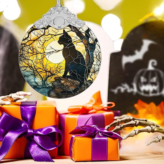 Christmas Ornament, Stained Glass Ornament, Christmas Decorations for Tree, Holiday Ornament, Unique Gift Idea - Moonlight Black Cat