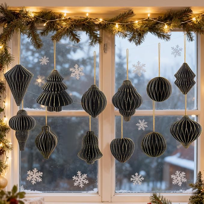 12Pcs Black Paper Christmas Party Decorations, 3D Honeycomb Paper Hanging Ornaments with Glitter, Finial Honeycomb Lantern Mysterious and Unique Ornaments for Christmas Tree Halloween Wonderland Party