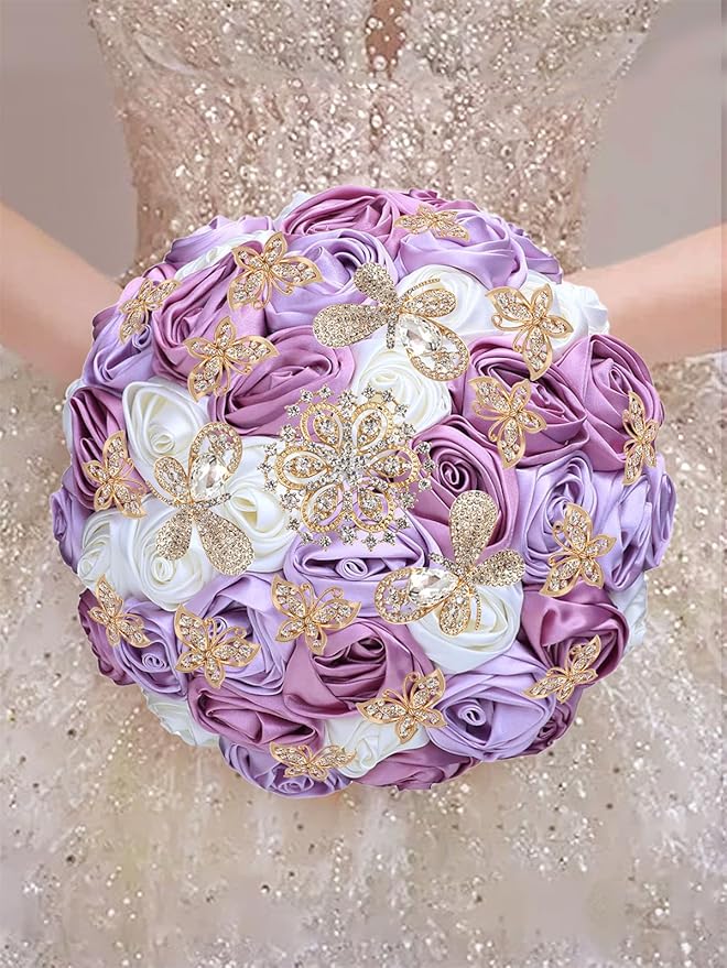Handmade Floral Satin Rose Butterfly Shape Rhinestone Bridal Bouquet Luxury Golden Rhinestone Artificial Flowers for Wedding