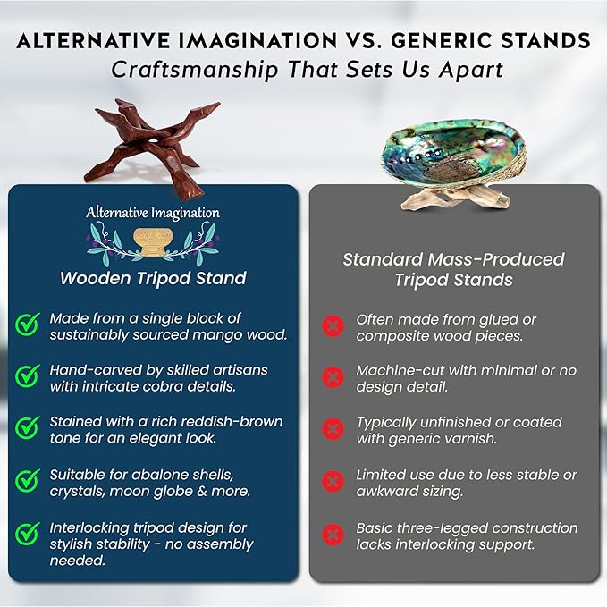 Alternative Imagination Wooden Tripod Display Stand – 8-Inch Hand Carved Holder Made from Sustainable Mango Wood – Folding Reddish-Brown Stand for Abalone Shell, Crystal Ball, Key Bowl, Trinket Dish, Incense, Decor and More