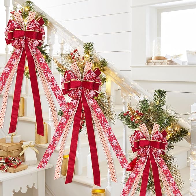 RECUTMS Red Christmas Bows Tree Topper Christmas Bow Wreaths with Snowflake Patterns Big Winter Xmas Bows for Holiday Party Seasonal Wreath Outdoor Indoor Xmas Decorations