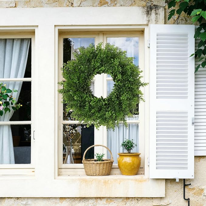 Boxwoods Wreaths for Front Door 26 Inch Large Artificial Green Leaves Greenery Indoor Outdoor Wreath Home Decor Porch Window Wall Farmhouse Door Decorations Spring Summer Fall All Seasons