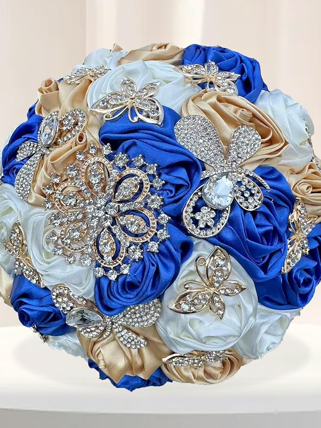 Handmade Floral Satin Rose Butterfly Shape Rhinestone Bridal Bouquet Luxury Golden Rhinestone Artificial Flowers for Wedding