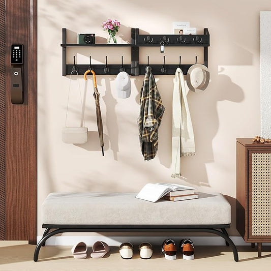 YMYNY 31.5" Coat Rack Wall Mount with Shelf, 4 in 1 Key and Coat Hanger with 12 Metal Hooks, Wall Shelf with Hooks & Mail Holder for Living Room, Bedroom, Black, HWS007B-2