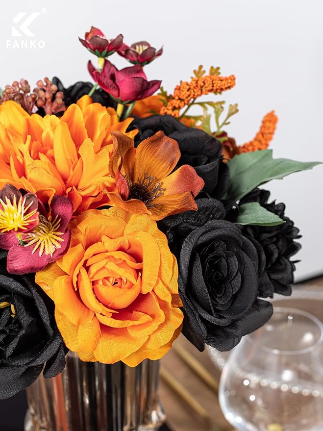FANKO Artificial Flowers Black Rose: Mixed Fake Silk Flowers Combo Orange Rose & Dahlia Vintage Assorted Blooms for DIY Wedding Bridal Bouquets/Centerpieces/Halloween Decor