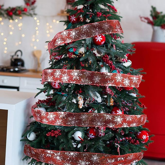 2.5 Inch Wide Christmas Wired Ribbon Snowflake Organza Sheer Glitter Ribbon for Xmas Tree, Wreath, Party Decoration, Gift Wrapping (Red, 21.9 Yards)