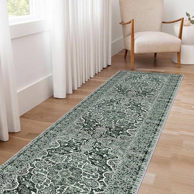 KUTA Vintage Runners for Hallways 2x8 Dark Green, Modern Floral Kitchen Rugs Non-Slip Washable Ultra Soft Printed Retro Distressed Carpet Entryway Runners for Bedroom Living Room Decor