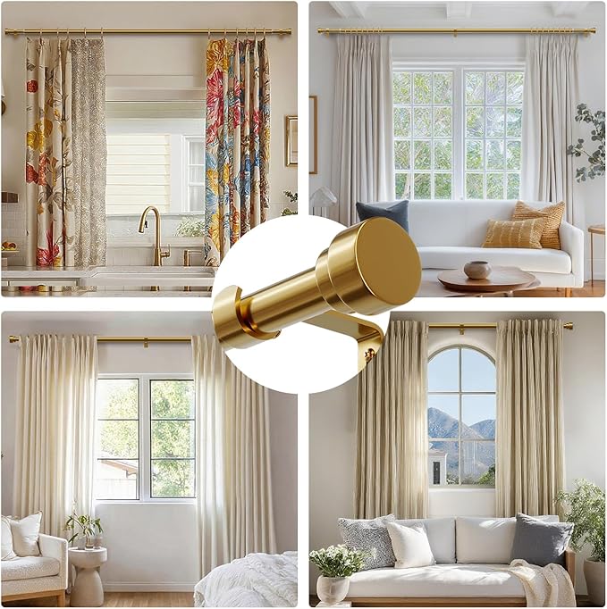 Oneach Heavy Duty Curtain Rods for Windows 28 to 48 Inch, 1 Inch Brass Gold Curtain Rod, Adjustable Length Rod with Metal Finials, Modern Decorative for Bedroom Kitchen Living Room (16 to 60 Inch)