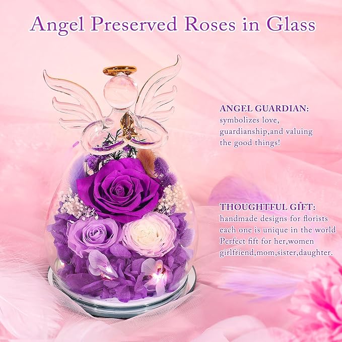 FIACO Gifts for Women Birthday Gifts for Mom Preserved Rose Forever Flower in Glass Angel Figurines Fresh Flowers for Delivery Prime Real Purple Roses for Grandma Sister Wife Her from Daughter