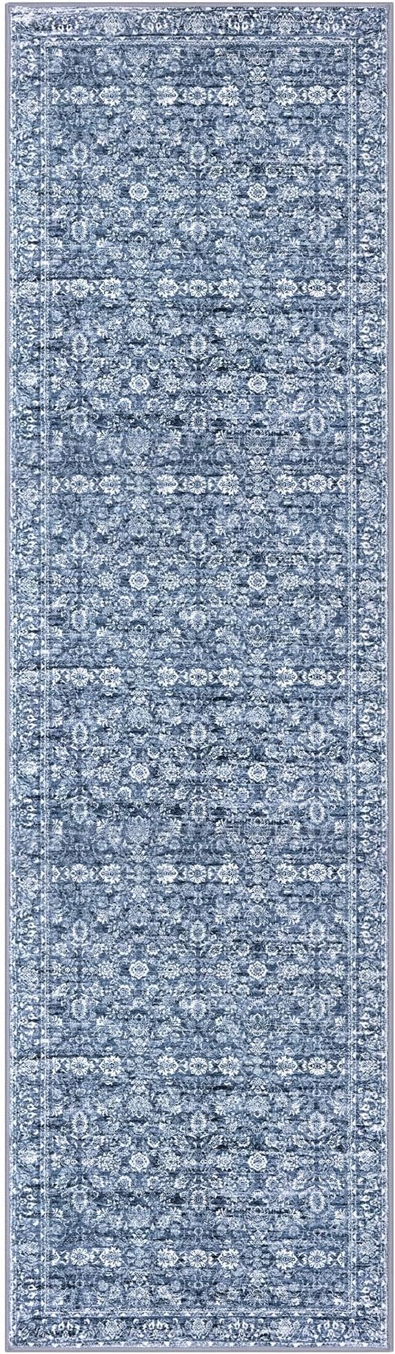 2x7 Runner Washable Rug for Hallways, Blue Soft Classic Kitchen Rugs with Non-Slip, Non-Shedding Distressed Floral Rug for Hallway Entryway Bedroom Bathroom Laundry Indoor