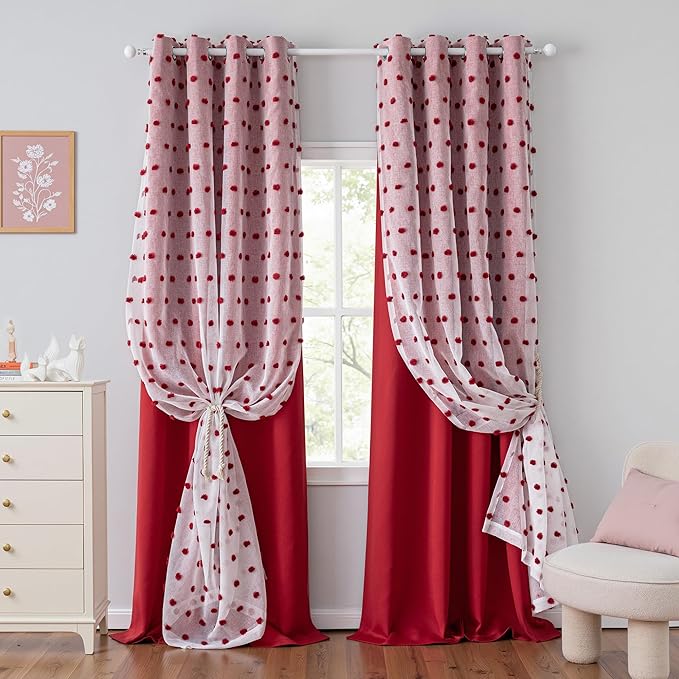 MYSKY HOME Red Christmas Blackout Curtains for Living Room 84 Inches Long with Pom Pom Sheer Nursery Curtains Girl Room Darkening Double Layer Window Drapes Grommet, 52 x 84 in, 2 Pieces