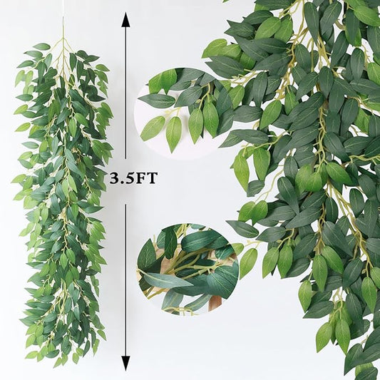 mizii Artificial Vines Garland 3.5 Feet Faux Italian Ruscus Vine Greenery Garland Silk Green Leaves Decoration Fake Plants Greenery for Table Centerpieces Home Room Wall Wedding Arch Decor (3.5 feet)