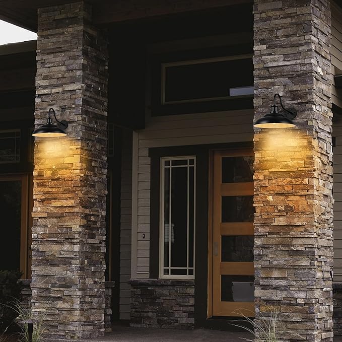 Dusk to Dawn Barn Light Outdoor, 16 Inch Farmhouse Wall Sconce, Vintage Exterior Wall Mount Lighting Fixture, Waterproof Black Lantern for Porch Garage