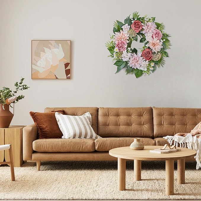 24 Inch Spring Wreath for Front Door with Roses Dahlias Silk Flowers with Berry Greenery for All Seasons Indoor Outdoor Porch Wedding Wall Farmhouse Porch Wall Living Room Home Widding Decor