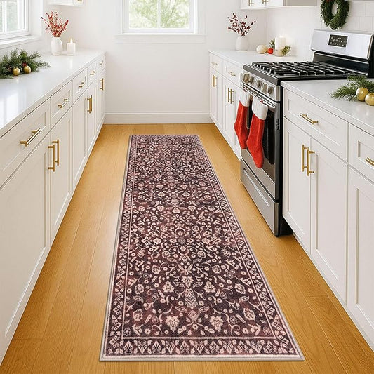 Vintage Washable Runner Rug 2x6, Burgundy Runners for hallways, Super Soft Kitchen Runner Rug Non Slip, Printed Faux Wool Floral Thin Carpet Runner for Entryway Laundry Room Bedroom