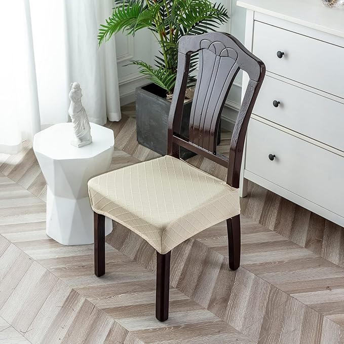 Genina Waterproof Seat Covers for Chairs,Set of 4 Dining Room Chair Seat Covers for Kitchen,Stretch Jacquard Removable Washable Dining Chair Slipcovers Protectors with Rear Covers, Beige