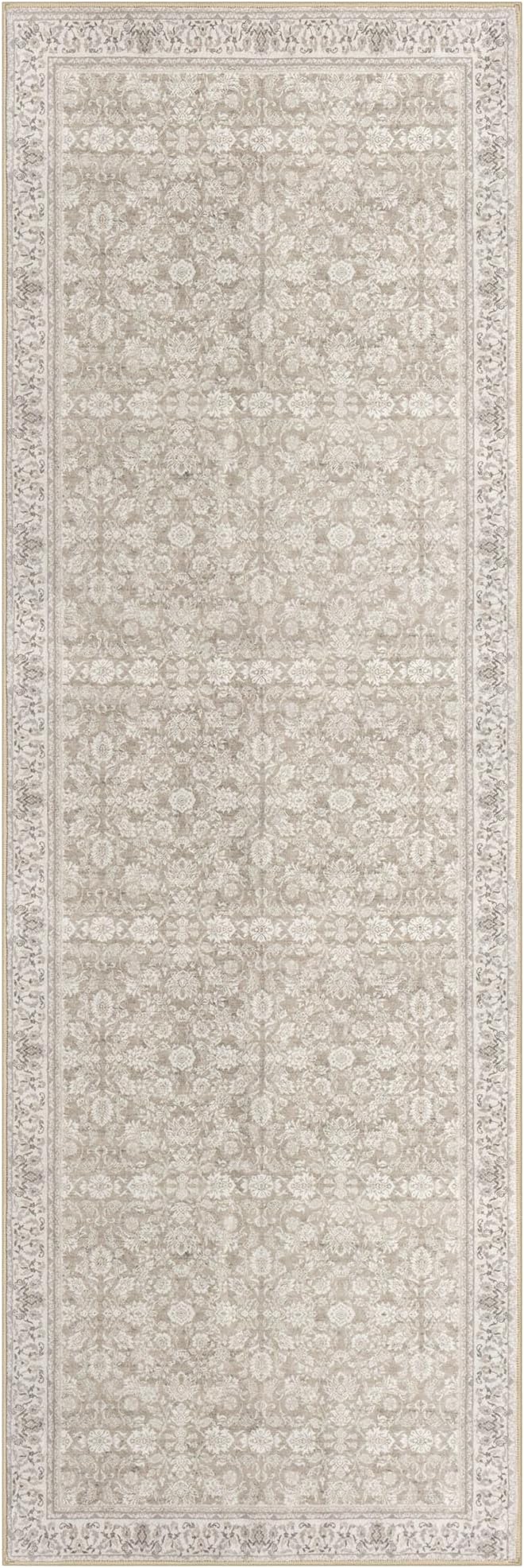 2.6x8 Washable Runner Rug for Kitchen, Cream Beige White Grey Soft Classic Runner with Non-Slip, Non-Shedding Distressed Floral Rug for Hallways Entryway Bedroom Laundry Indoor