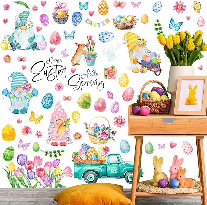 Eersida 74 Piece Easter Wall Clings Flower Gnome Wall Decals for Room Decor Easter Eggs Bunny Flower Stickers Rabbit Window Wall Door Art Decoration Stickers Party Favors Decorative Ornaments
