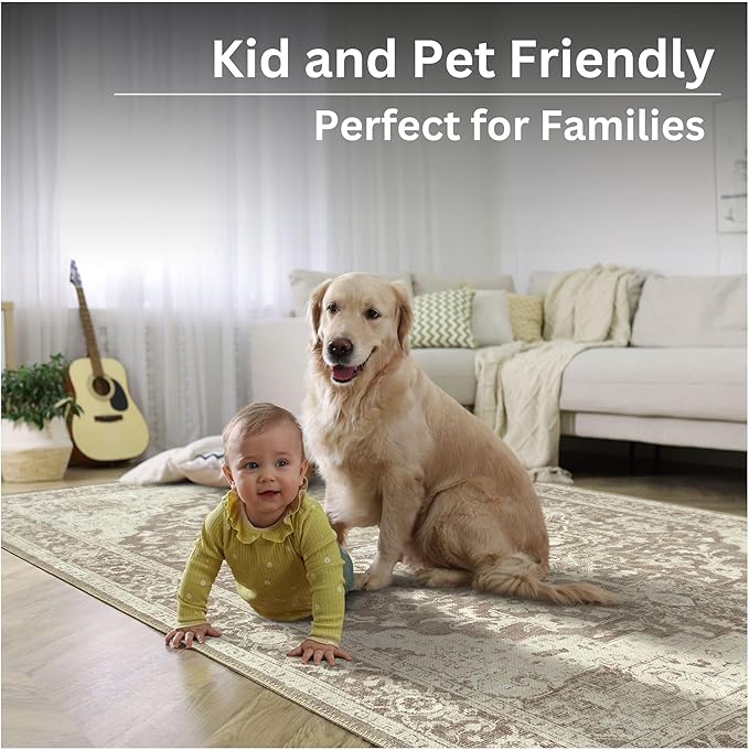 Bloom Rugs Washable Non-Slip 9' x 12' Rug - Light Brown Traditional Medallion Area Rug for Living Room, Bedroom, Dining Room, and Kitchen - Exact Size: 9' x 12'