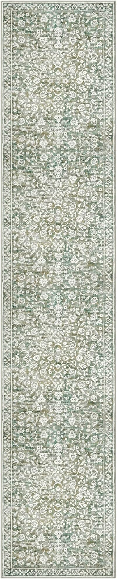Vintage 2.6x14 Hallway Runner, Sage Green Beige Washable Non-Slip Long Hallway Carpet, Super Soft Kitchen Runner, Print Faux Wool Floral Thin Carpet for Entryway