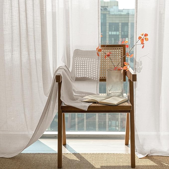 ANRODUO Natural Linen Sheer Curtains 90 Inches Long for Living Room Cream Ivory Rod Pocket Back Tab Light Filtering Window Curtain Drapes Dining Room Neutral Country Farmhouse Decor 2 Panels Set