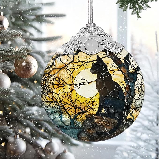 2025 Ornaments for Christmas Tree, Zmoicky Stained Glass Hanging Ornament, Christmas Ornaments Clearance, Gift Exchange Ornament, Bauble Present - Moonlight Black Cat