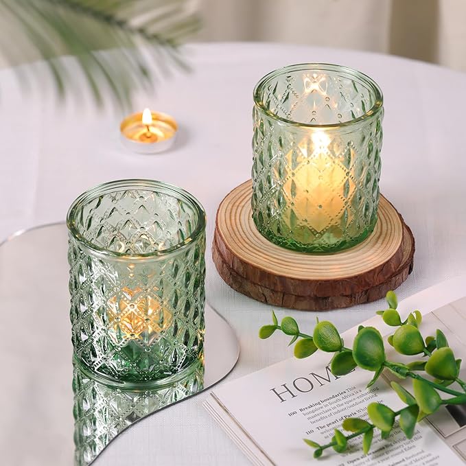 8Pcs Large Votive Candle Holders Green Tea Light Candle Holders Glass Candle Holder for Wedding, Bridal Shower, Table Centerpiece, Party, Home Decor