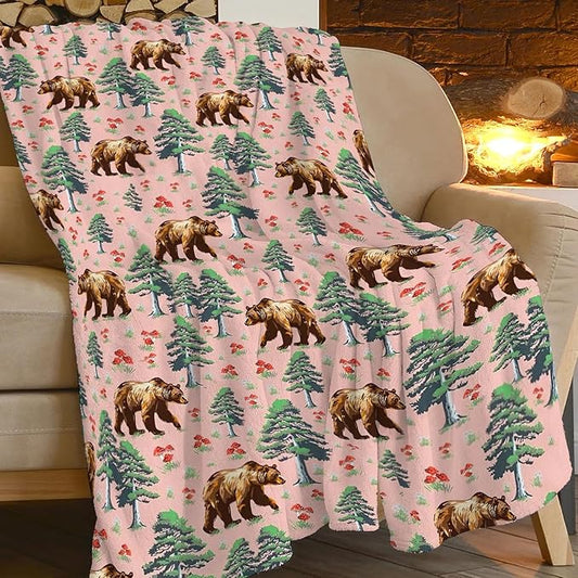 Bear Blanket Rustic Forest Bear Throw Blanket Super Soft Plush Lightweight Warm Fleece Flannel Mushroom Log Cabin Decor Blanket Gifts for Baby Kids Girls Women Boys for Sofa Couch Bed 40"X50"