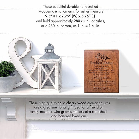 LifeSong Milestones Cherry Wooden Urns for Ashes - Adult Male & Female Personalized Cremation Urns - The Broken Chain (Leaves Design)