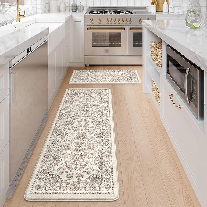 KIMODE Anti Fatigue Mats for Kitchen Floor,Kitchen Rugs Sets of 2 Non Slip,Padded Cushioned Kitchen Floor Mats,Memory Foam Kitchen Mat for Sink Laundry Office Desk,17"x29.5"+17" x47”,Khaki