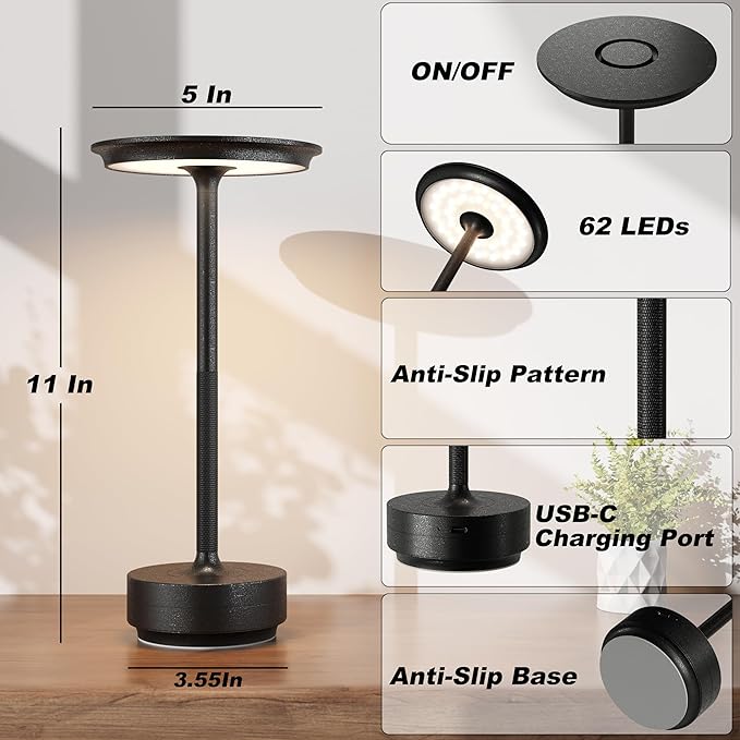 1 Pack Rechargeable Table Lamps Cordless, Portable 5000mAh Outdoor Table Light, 3 Color Stepless Dimming LED Table Lamp with Memory Function, for Home/Dinner/Patio/Restaurant.(Diamond Black)