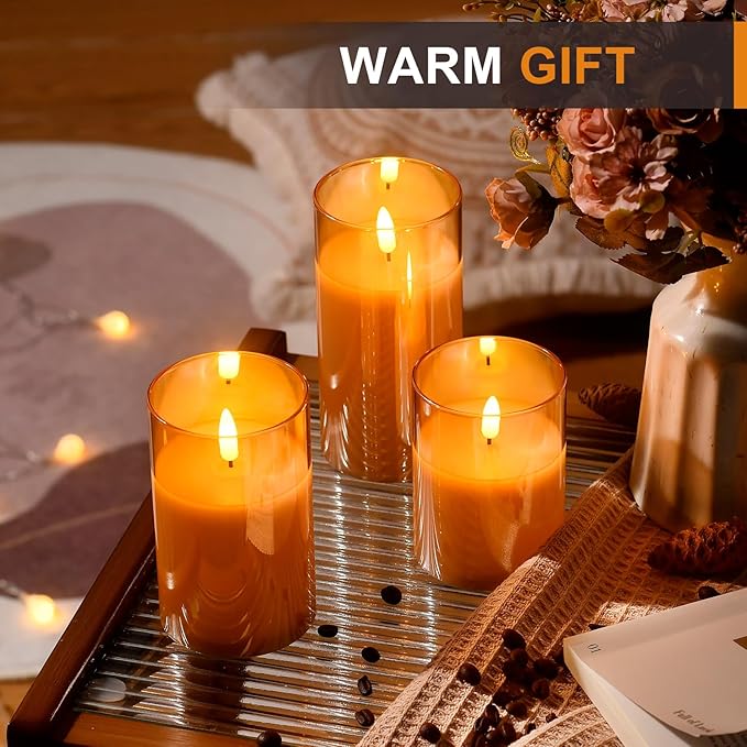 Tyawon Glass Battery Operated LED Flameless Candles with Remote and Timer, Real Wax Candles Warm Color Flickering Light for Festival Wedding Home Party Decor(Pack of 3)-Gold