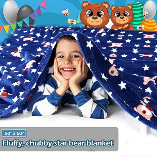 Warm Soft Toddler Fleece Blankets for Boys with Cartoon Bear & Star Pattern Print - Cozy Fuzzy Plush Flannel Kids Throw Blanket for Daycare & School - 50x60 inches